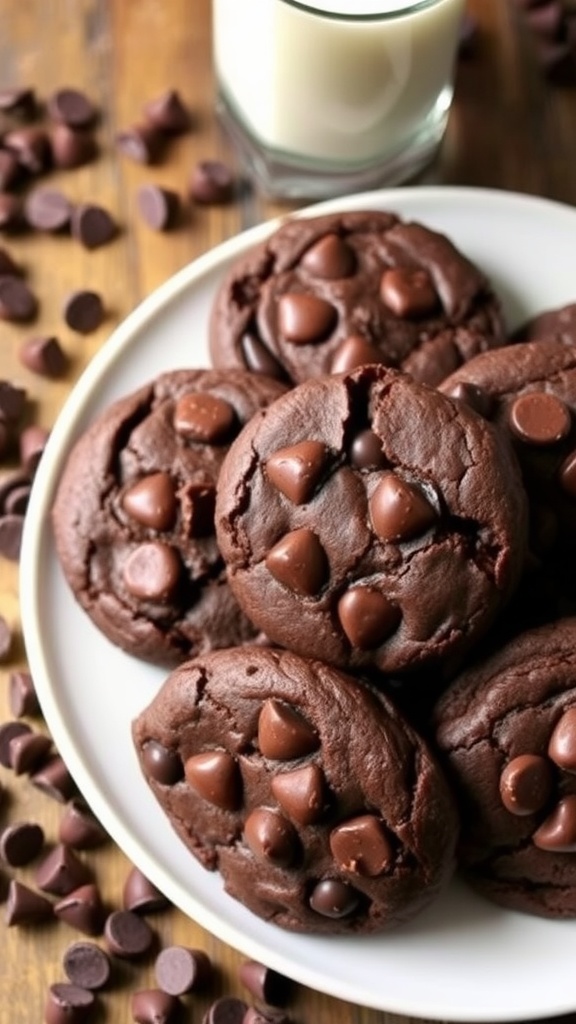 A plate of double chocolate chip cookies with chocolate chips and a glass of milk.